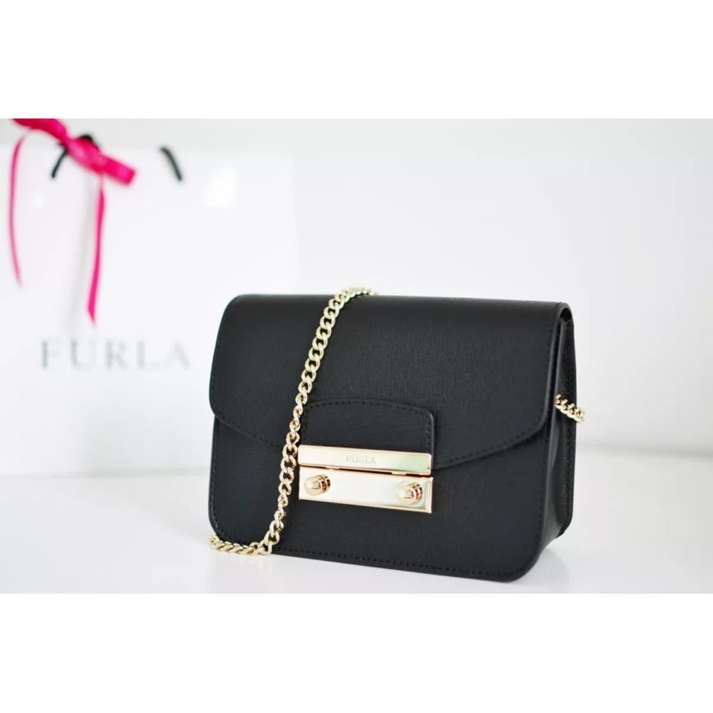 FURLA Julia Onyx Black Saffiano Leather Chain Shoulder Bag NEW